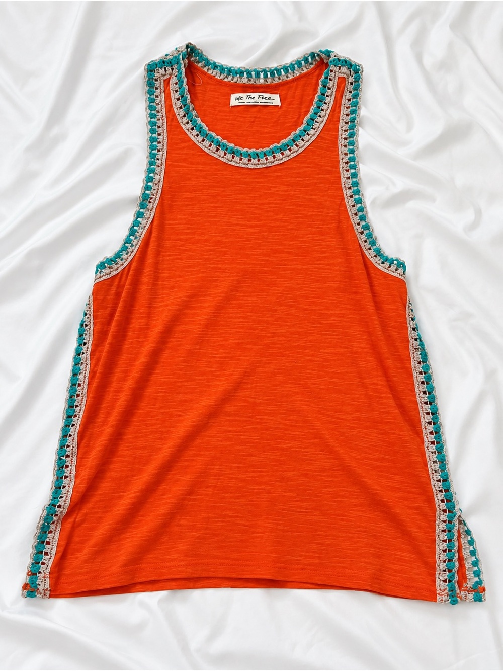 Free People Orange Tank with Teal and Cream Crochet Trim